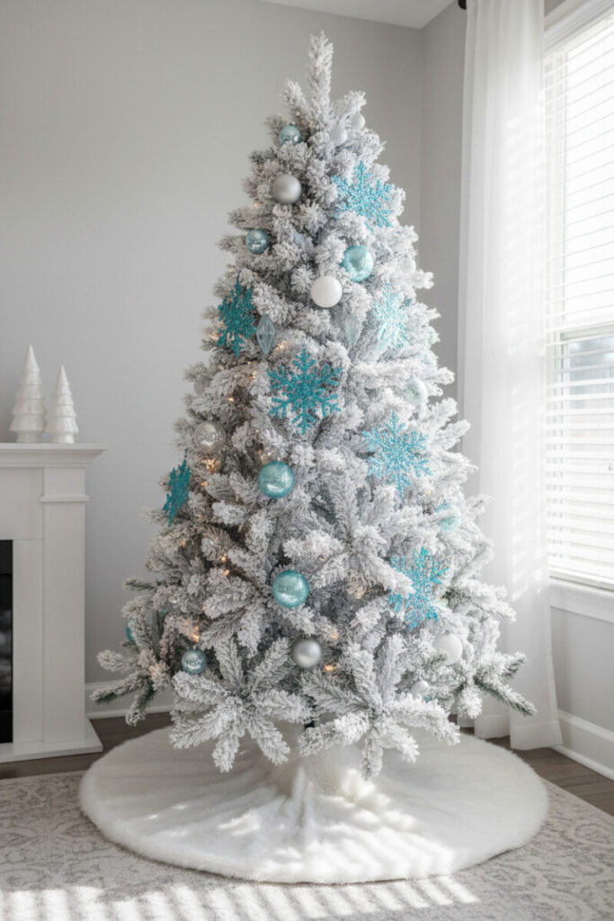 Thickly flocked white tree with glossy pale azure baubles and bold cerulean glitter snowflakes; pure white fur skirt—White Christmas Tree Decorations.