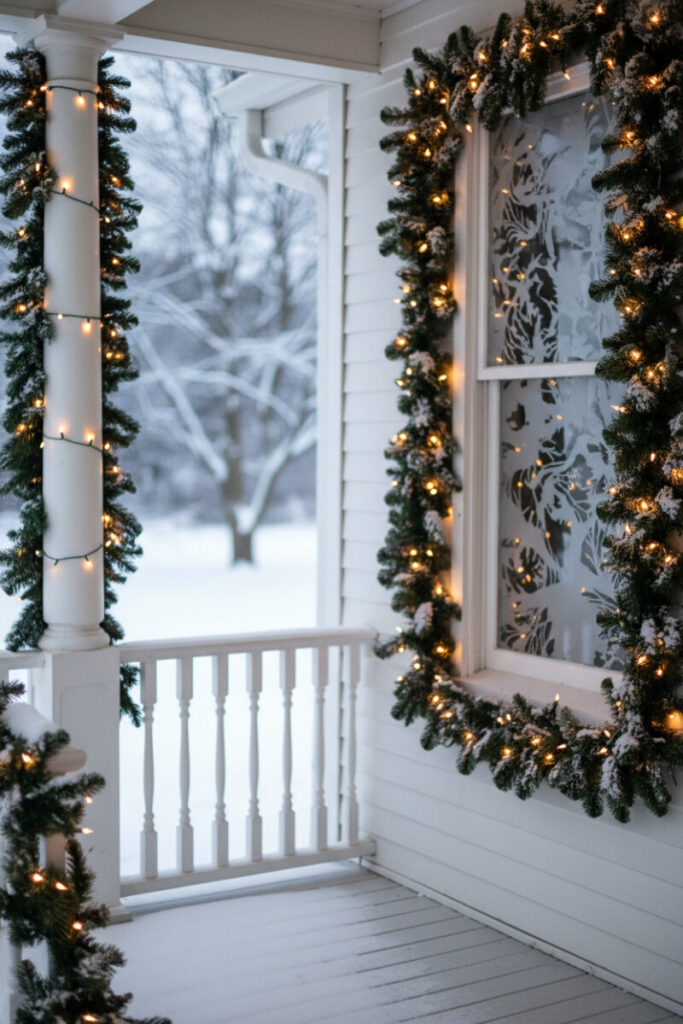 White porch with flocked garland and glowing lights framing a window with frosted decals—subtle front porch winter decor sparkle.
