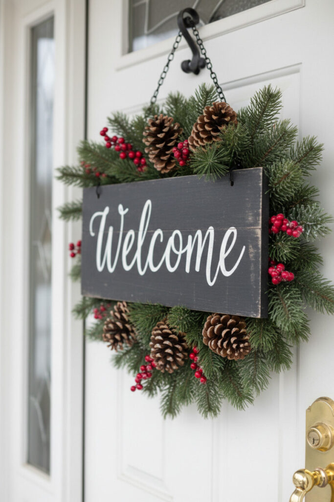 Distressed “Welcome” plank sign framed by pine boughs, pinecones, and red berries on white door—friendly seasonal detail.