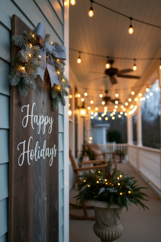 Tall reclaimed-wood “Happy Holidays” sign with silver-blue bow and flocked garland under warm bistro lights—rustic vertical welcome.