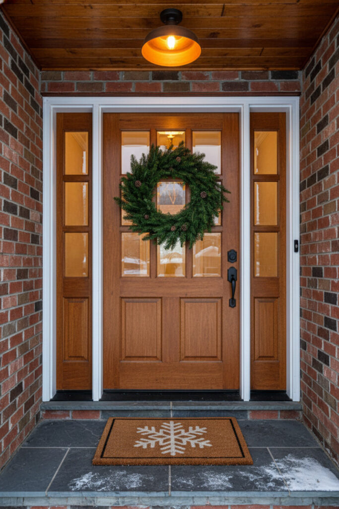 Coir mat with bold white snowflake on dark slate tile below warm tongue-and-groove ceiling and brick—graphic seasonal touch.
