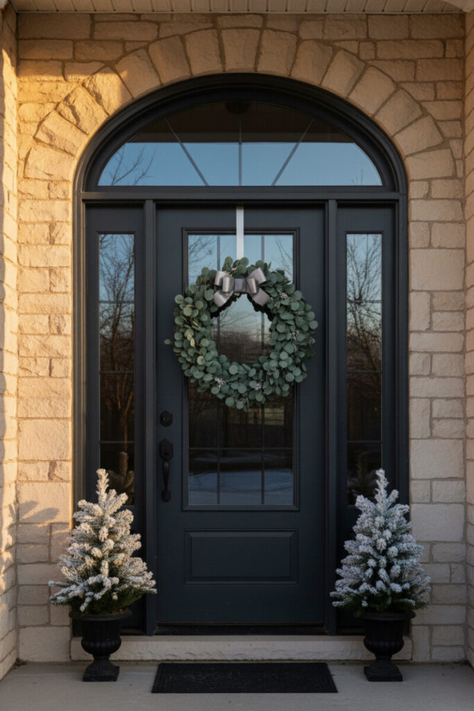 Charcoal door with eucalyptus wreath and silver ribbon, flanked by snow-dusted mini evergreens against cream stone at golden hour.