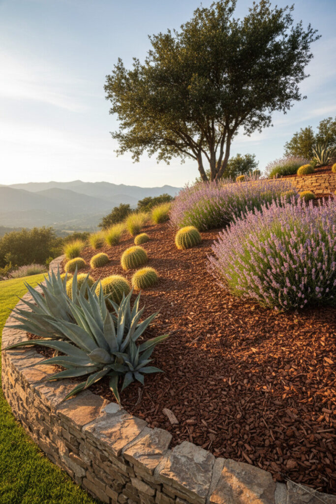 Agave clusters beside a dry-stacked limestone wall on a mulch-rich slope with flowering lavender under warm backlight.