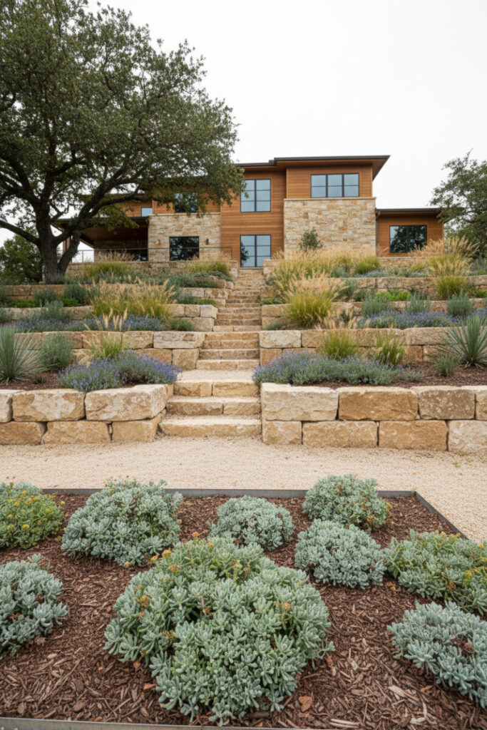 Multi-tiered raised beds with rough-hewn limestone walls, silvery groundcovers, grasses, and sage shrubs on an overcast day.