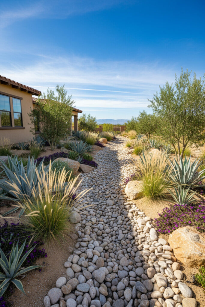 Dry stream bed of sun-bleached cobbles winding through agave, olive shrubs, and violet groundcovers near a tan stucco building—Xeriscape Ideas rock garden.
