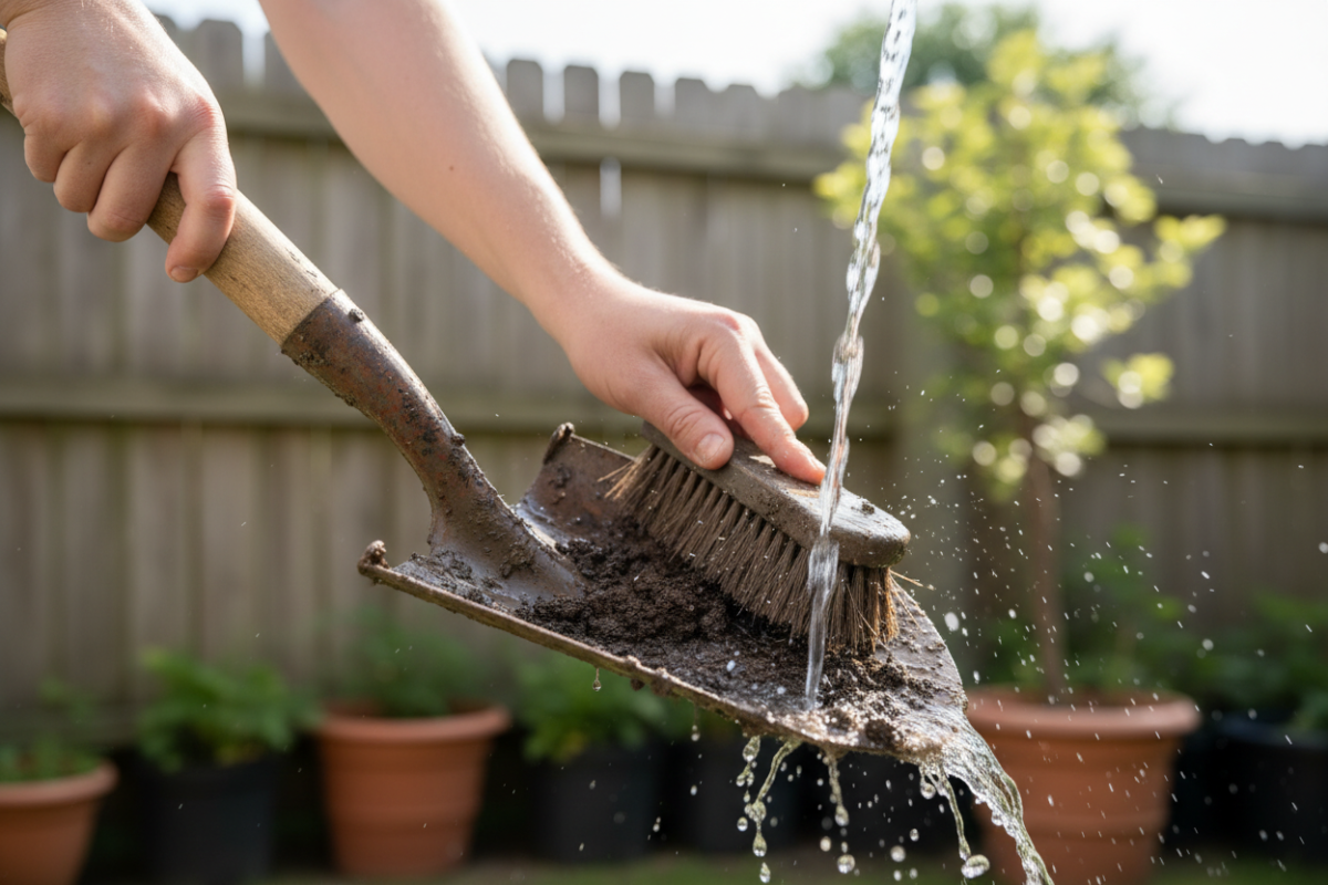 Person cleaning a muddy shovel using a stiff brush and water outdoors, garden setting, realistic action shot, shallow depth of field, natural daylight