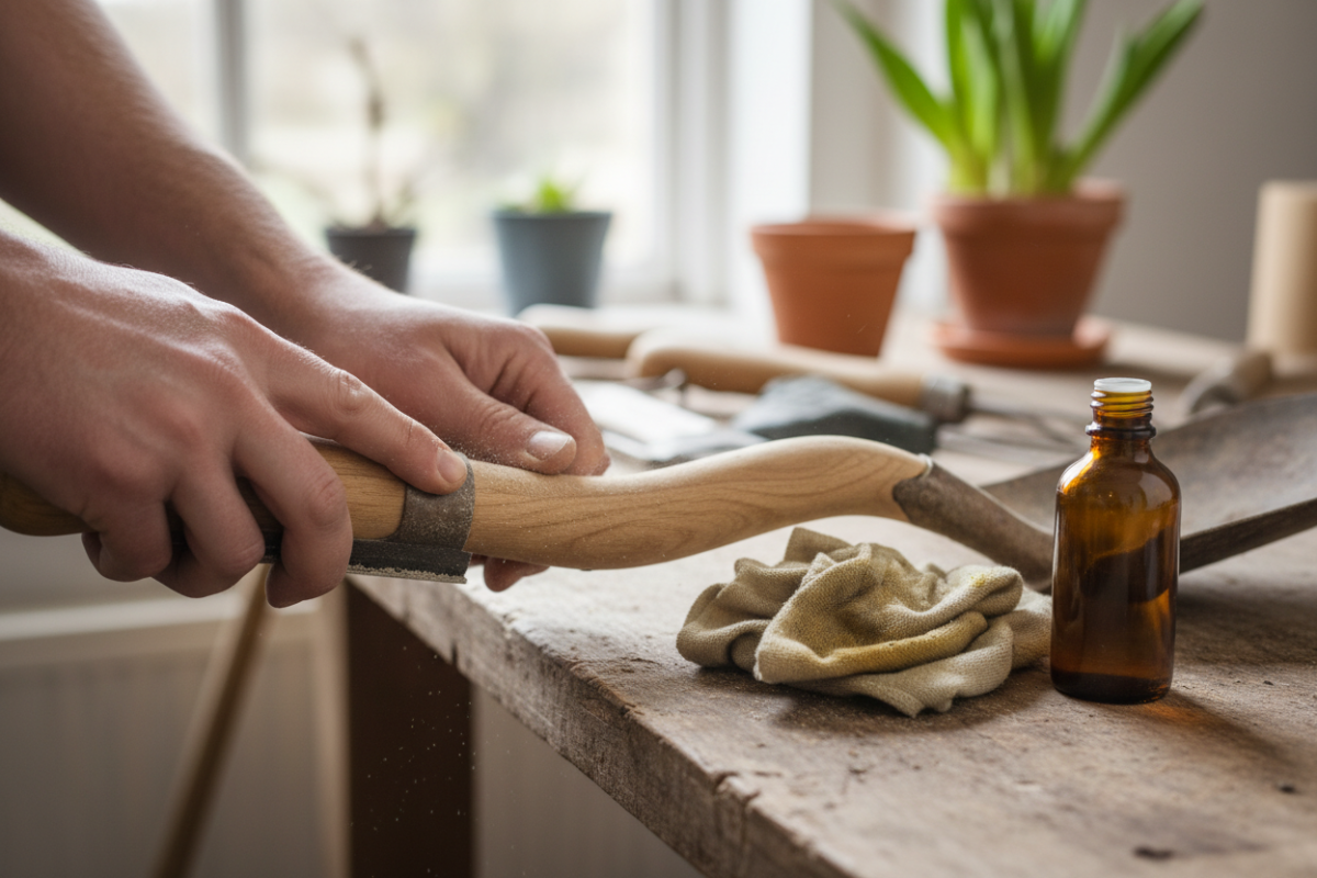 Close-up of hands sanding a wooden-handled garden shovel, smooth natural wood grain visible, linseed oil and cloth nearby, soft natural daylight, realistic texture, shallow depth of field, spring gardening maintenance scene
