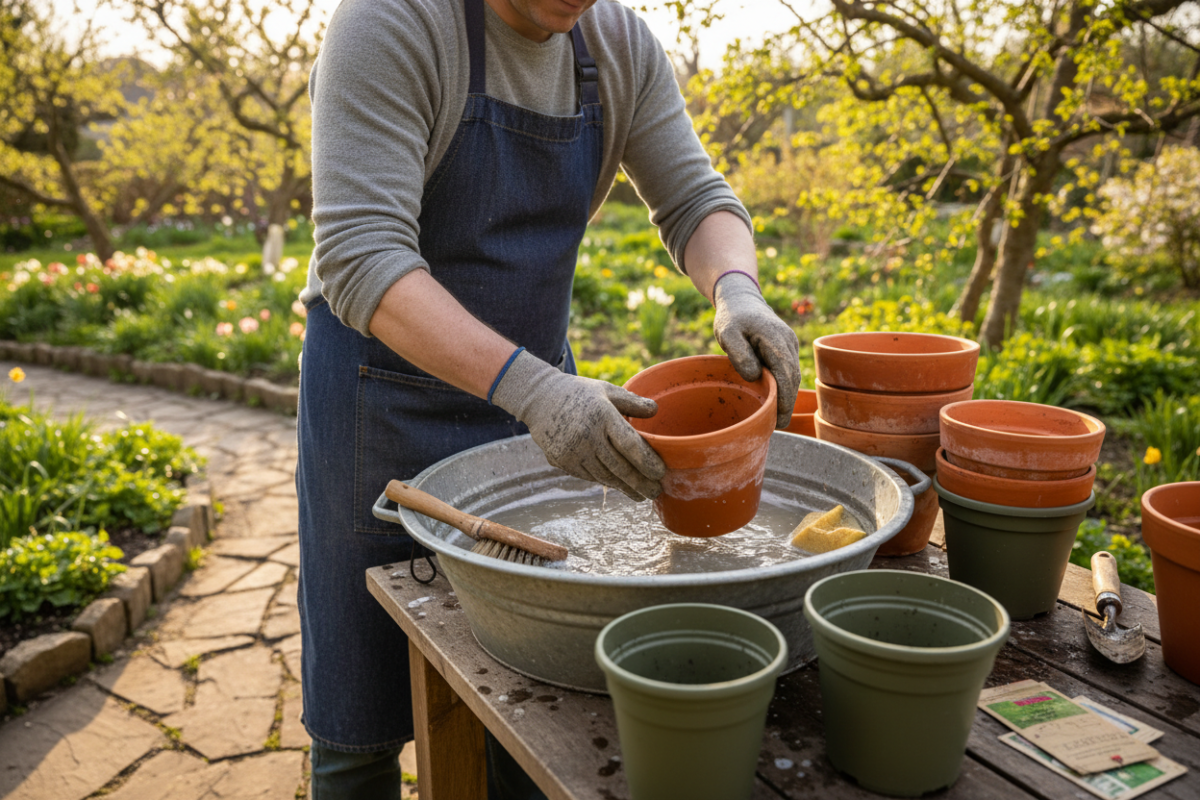 Gardener washing terracotta and plastic plant containers in a basin of soapy water, old soil residue visible, outdoor spring garden environment, realistic photography, soft sunlight, high detail