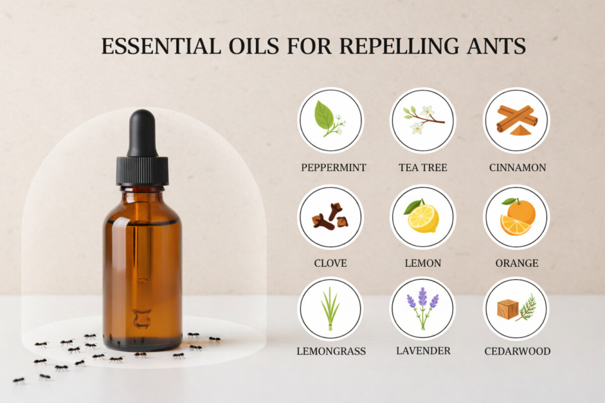 An educational infographic titled “Essential Oils for Repelling Ants” on a soft neutral background with subtle paper texture. On the left, a large amber glass essential oil dropper bottle sits on a clean surface, with a trail of small black ants stopping before reaching it, symbolizing a natural repellent barrier. On the right, nine neatly arranged illustrated icons represent eight essential oils used to repel ants, labeled in a clean serif font: Peppermint, Tea Tree, Cinnamon, Clove, Lemon, Orange, Lemongrass, Lavender, and Cedarwood. The style is minimal, modern, and suitable for a home-care and natural pest control blog infographic.