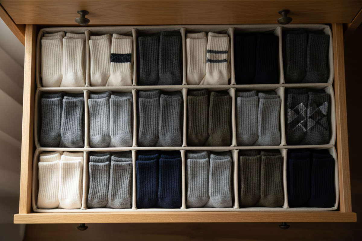 Neatly folded sock pairs arranged in a drawer, socks folded flat instead of balled, organized sections, neutral colors, realistic lifestyle photo, soft lighting, tidy and practical aesthetic