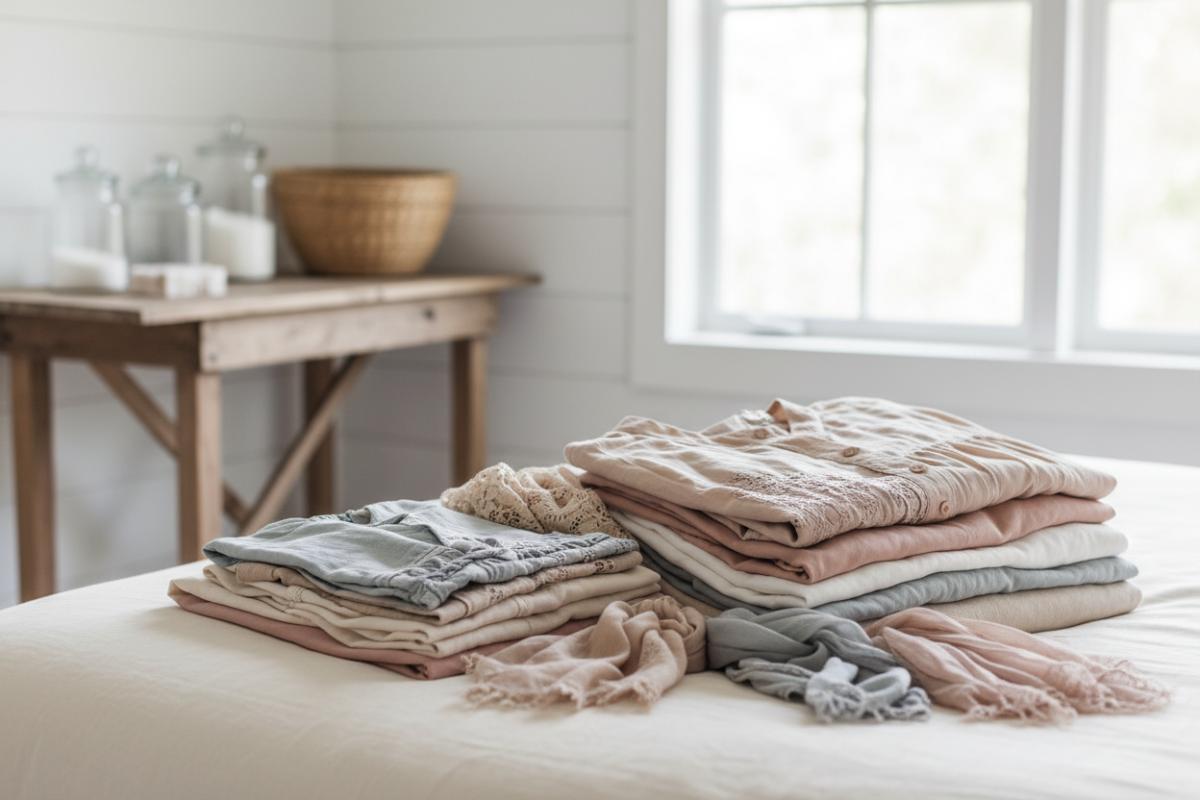 Delicate clothing items like dresses and lightweight fabrics folded carefully on a bed or table, soft textures, neutral tones, calm and gentle mood, realistic photography, elegant home setting